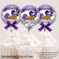 Cupcake Topper Circles Tag Label Sleeping Princess Big Bow Pacifier Purple Silver Girl Puffs DARK