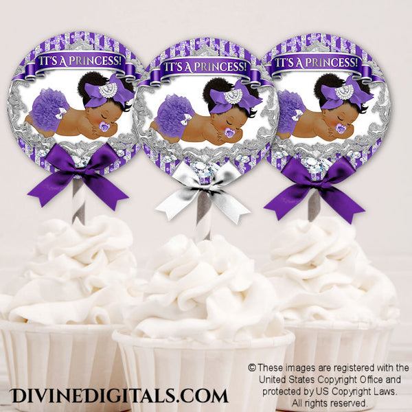 Cupcake Topper Circles Tag Label Sleeping Princess Big Bow Pacifier Purple Silver Girl Puffs DARK