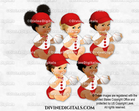 Baseball Player Red Pinstripe Cap Sitting Baby Girl