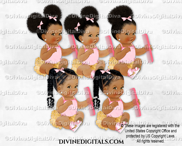 Hair Stylist Comb Pink Gold Sneakers Sitting Baby Girl Babies of Color