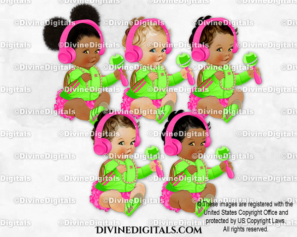 Hip Hop Music Headphones Sneakers Rattle Hot Pink & Lime Green Sitting Baby Girl