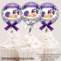Cupcake Topper Circles Tag Label Sleeping Princess Big Bow Pacifier Purple Silver Girl LIGHT
