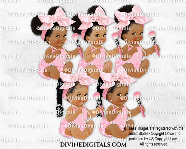 Beauty Pink Big Bow Makeup Brush Sitting Baby Girl Babies of Color