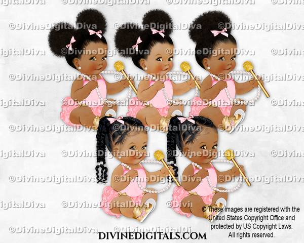 Hip Hop Music Mic Pink Gold Sneakers Pearls Sitting Baby Girl Babies of Color