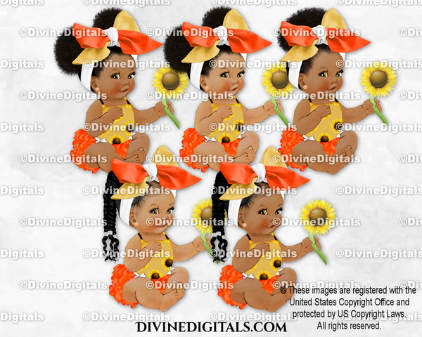 Sunflower Orange Gold White Big Bow Sitting Baby Girl Babies of Color
