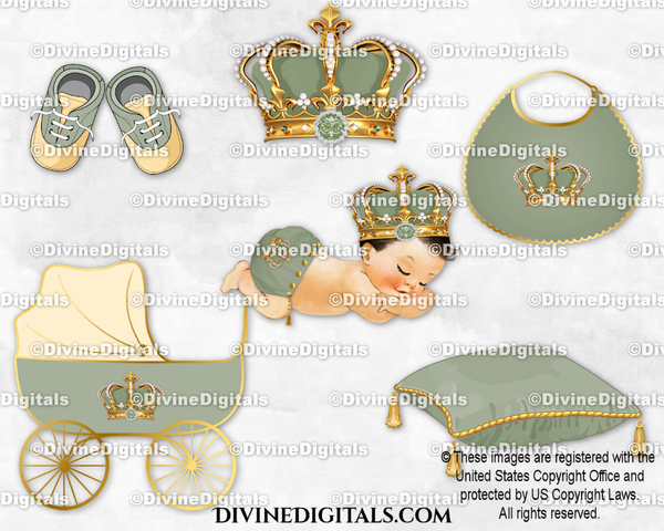 Sleeping Prince Sage Green Gold Crown Carriage Pillow Bib Shoes Baby Boy LIGHT