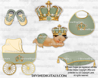 Sleeping Prince Sage Green Gold Crown Carriage Pillow Bib Shoes Baby Boy MEDIUM