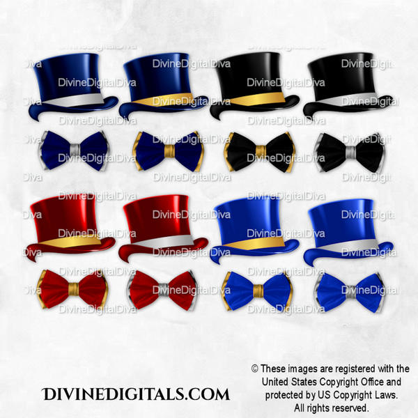 Top Hats & Bow Ties Black Royal Blue Navy Red Gold Silver